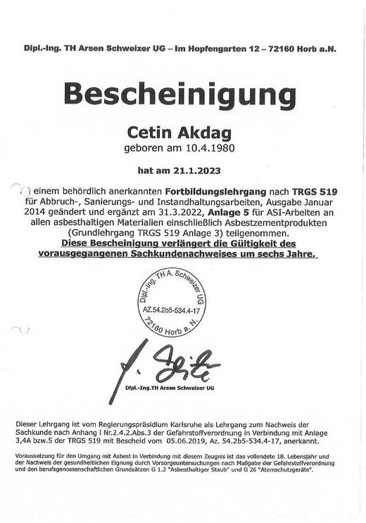 Bescheinigung TRGS 519 · Anlage 5 für Cetin Akdag