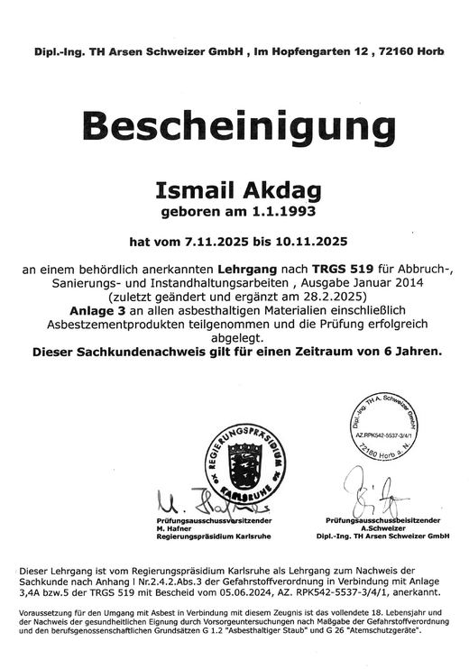 Bescheinigung TRGS 519 · Anlage 3 für Ismail Akdag