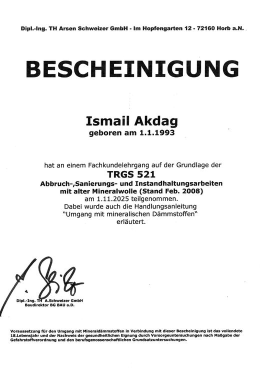 Bescheinigung TRGS 521 für Ismail Akdag